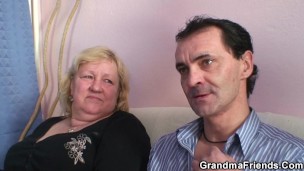 Busty grandma double blowjob and fuck